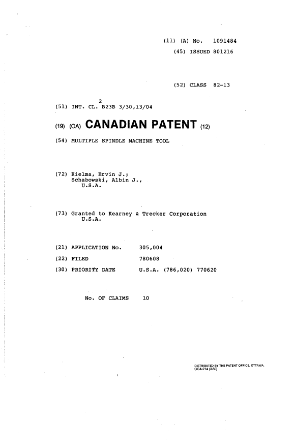 Canadian Patent Document 1091484. Cover Page 19940415. Image 1 of 1