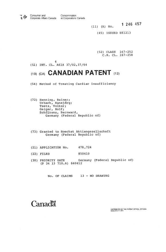 Document de brevet canadien 1246457. Page couverture 19921204. Image 1 de 1