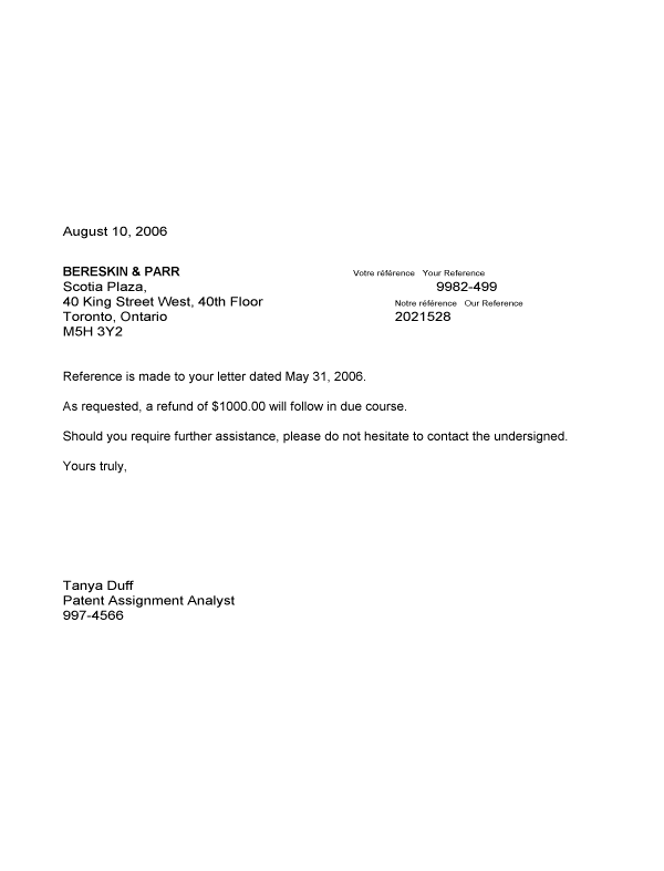 Canadian Patent Document 1246457. Correspondence 20060810. Image 1 of 1