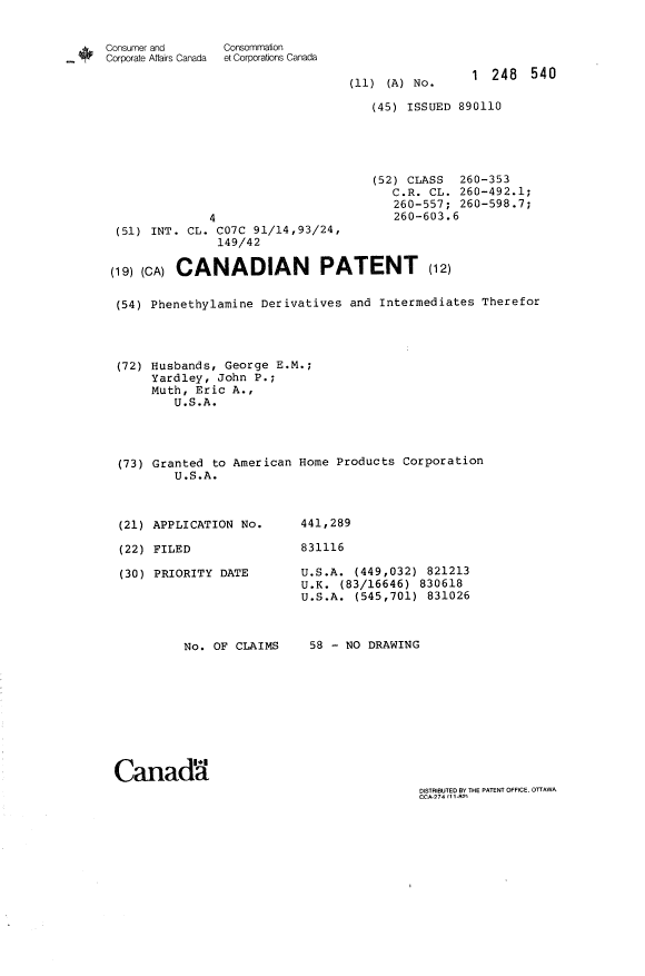 Document de brevet canadien 1248540. Page couverture 19930828. Image 1 de 1