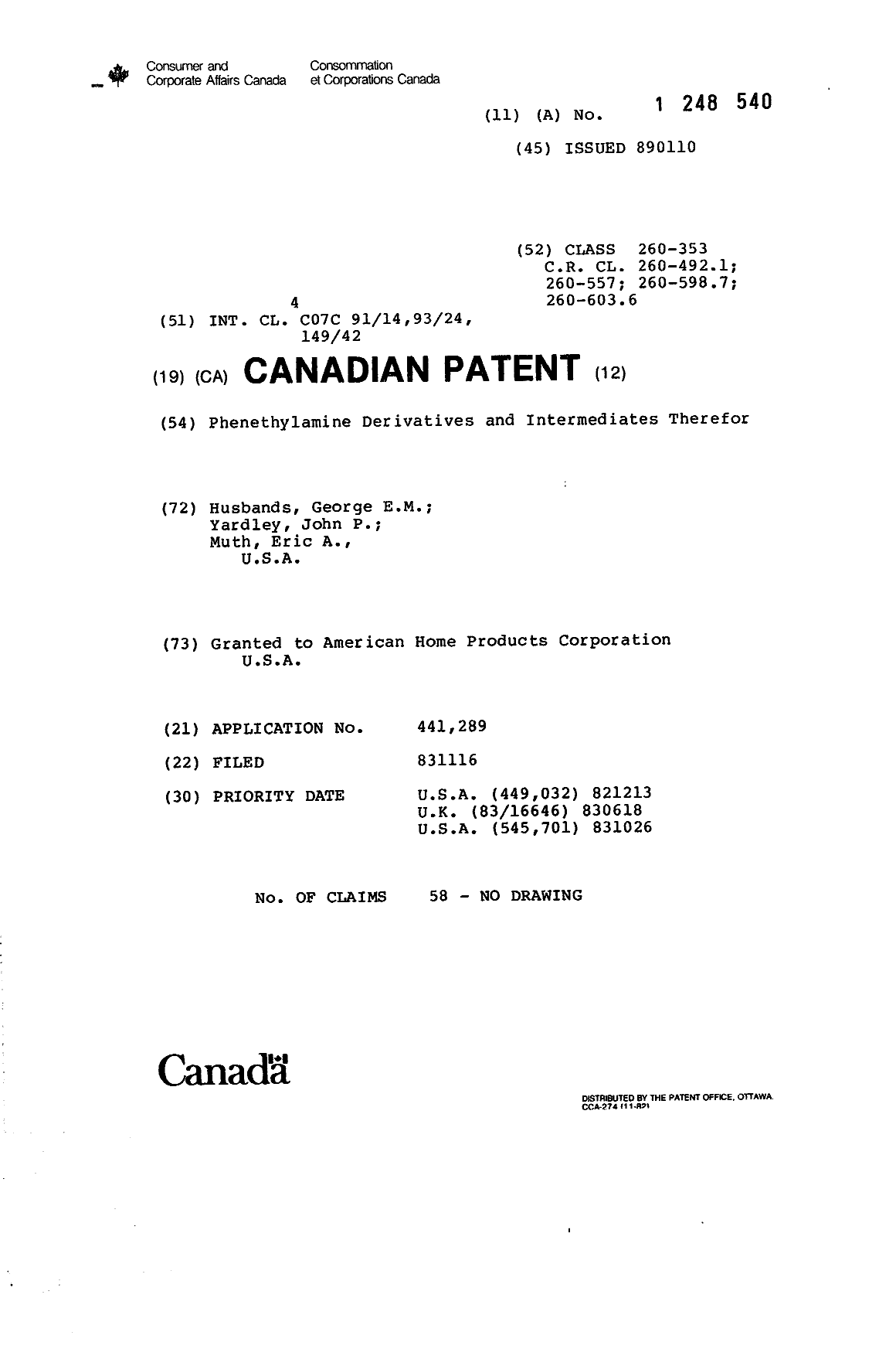 Canadian Patent Document 1248540. Cover Page 19930828. Image 1 of 1