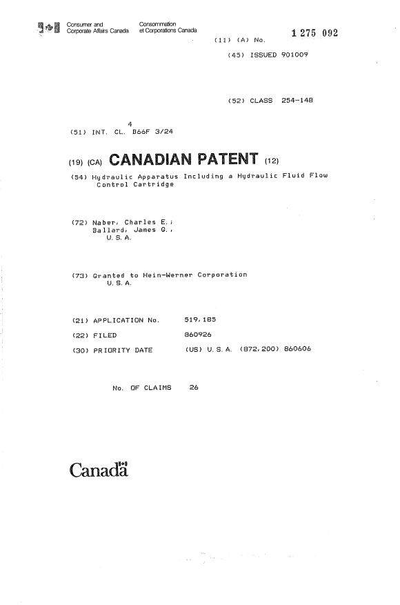 Canadian Patent Document 1275092. Cover Page 19931013. Image 1 of 1