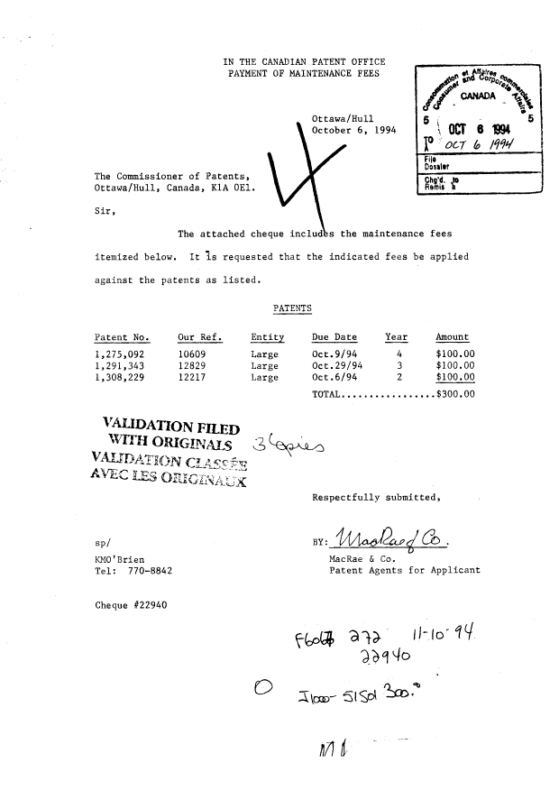 Canadian Patent Document 1275092. Fees 19941006. Image 1 of 1