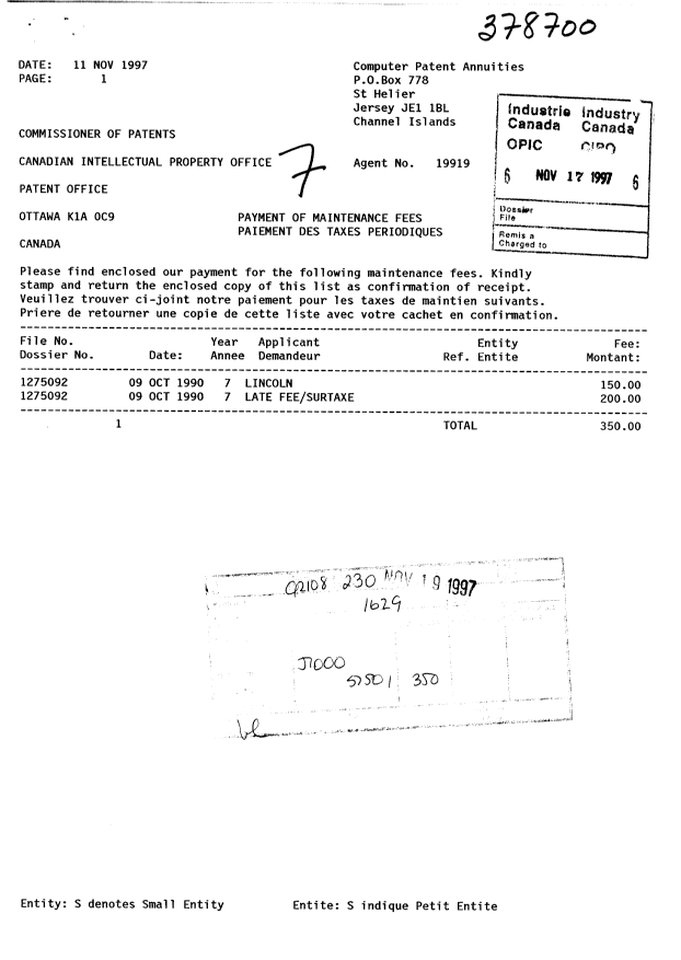Canadian Patent Document 1275092. Fees 19971117. Image 1 of 1