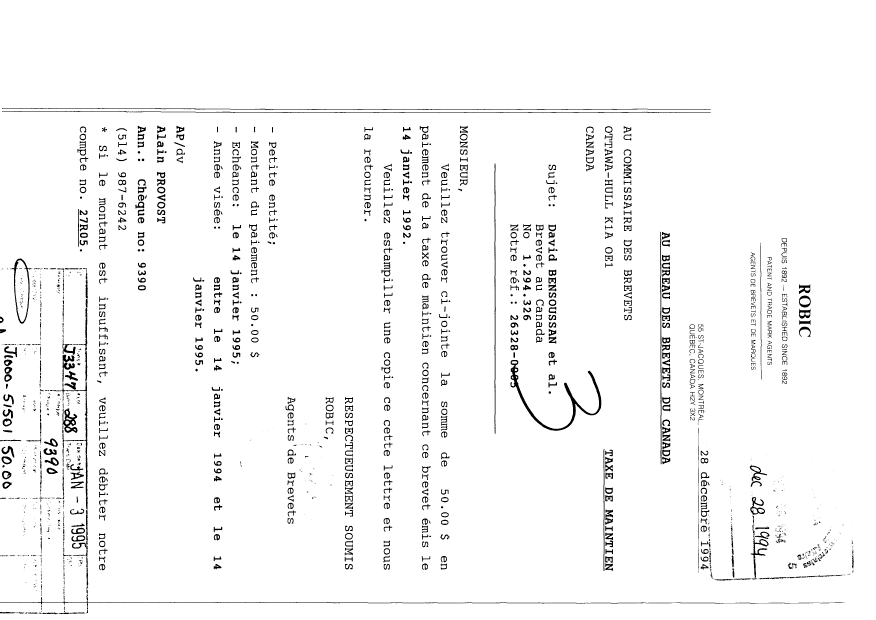 Document de brevet canadien 1294326. Taxes 19941228. Image 1 de 1