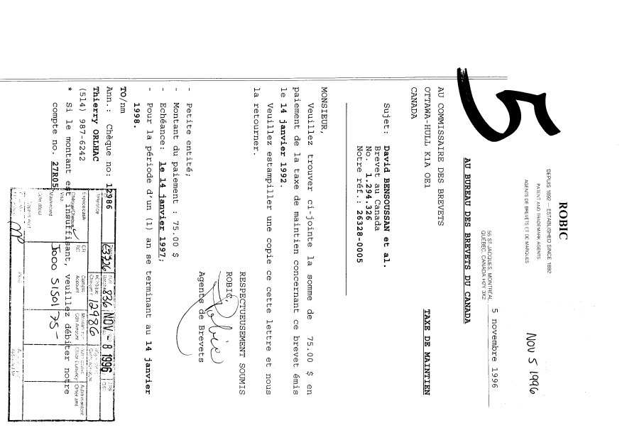 Document de brevet canadien 1294326. Taxes 19961105. Image 1 de 1