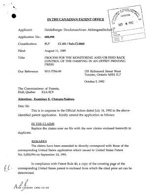 Document de brevet canadien 1319294. Correspondance de la poursuite 19921006. Image 1 de 2
