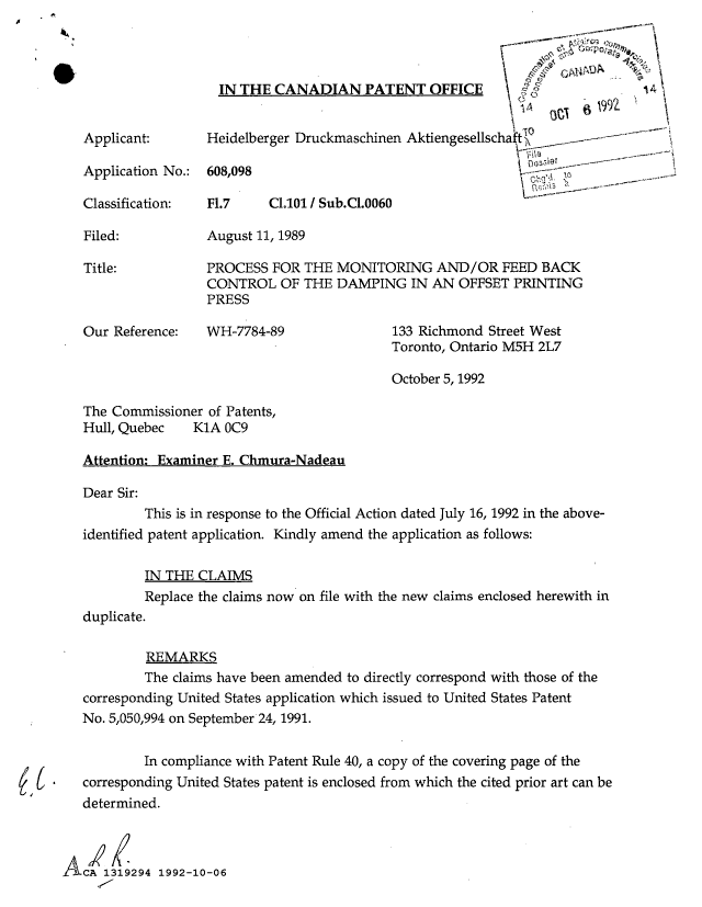 Document de brevet canadien 1319294. Correspondance de la poursuite 19921006. Image 1 de 2