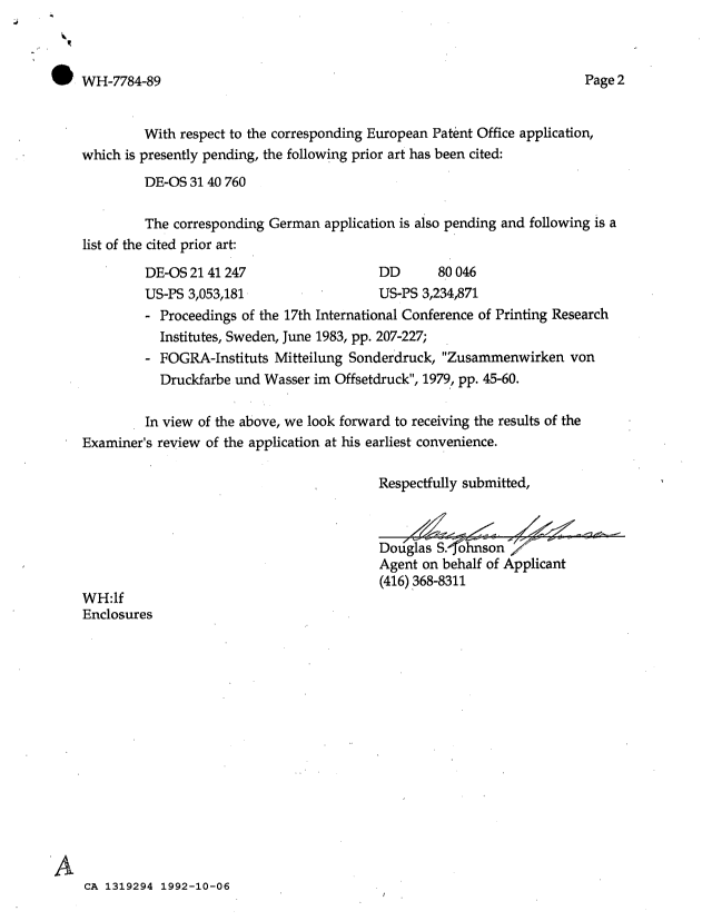 Document de brevet canadien 1319294. Correspondance de la poursuite 19921006. Image 2 de 2