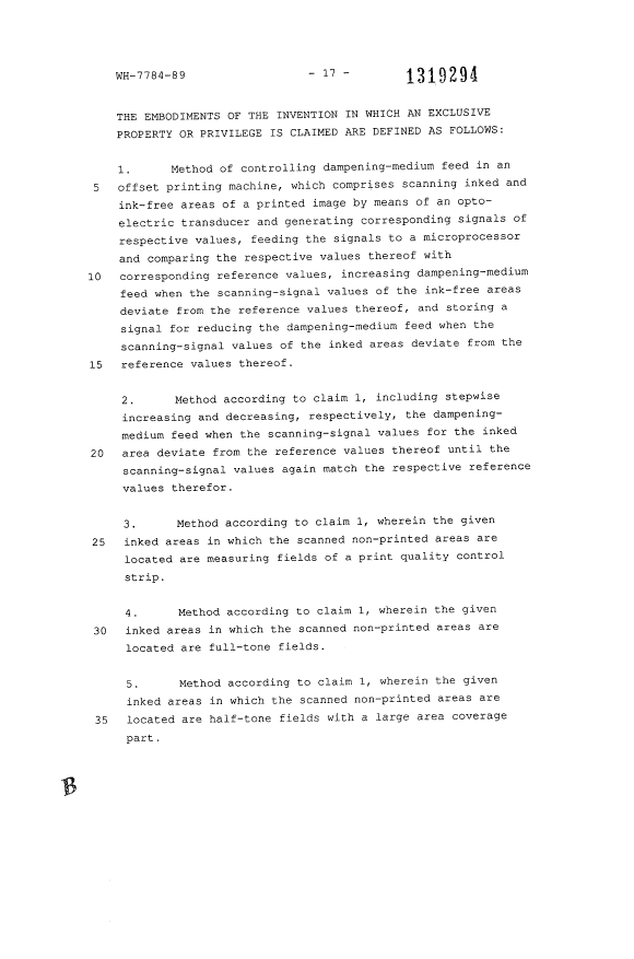 Document de brevet canadien 1319294. Revendications 19931117. Image 1 de 6