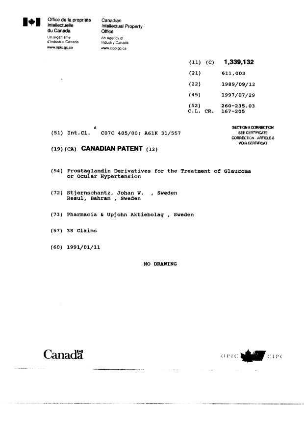 Canadian Patent Document 1339132. Cover Page 20011219. Image 1 of 2