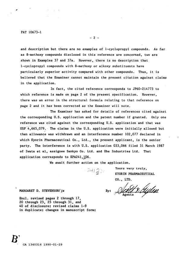Document de brevet canadien 1340316. Correspondance de la poursuite 19891229. Image 2 de 33