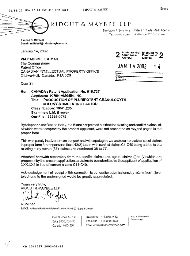 Canadian Patent Document 1341537. Prosecution-Amendment 20011214. Image 1 of 23