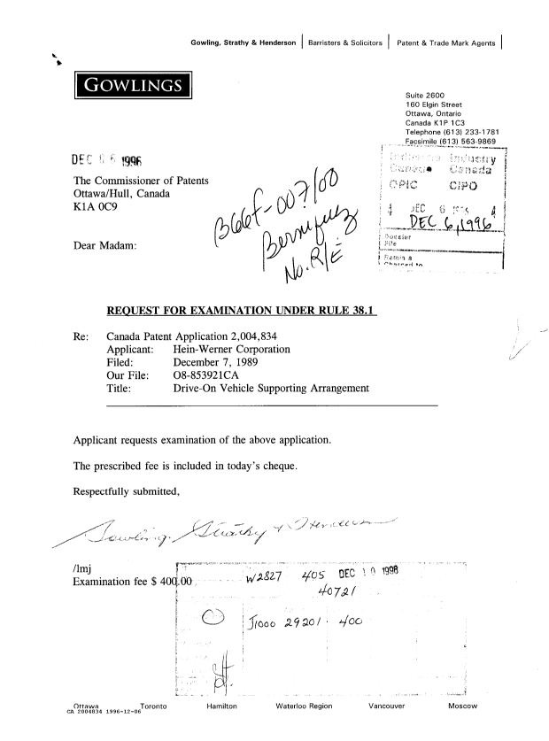 Canadian Patent Document 2004834. Prosecution Correspondence 19961206. Image 1 of 1