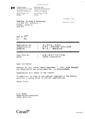Canadian Patent Document 2036653. Correspondence 19911216. Image 1 of 1