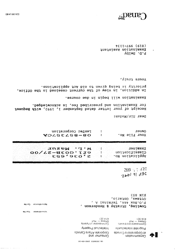 Document de brevet canadien 2036653. Correspondance 19911216. Image 1 de 1