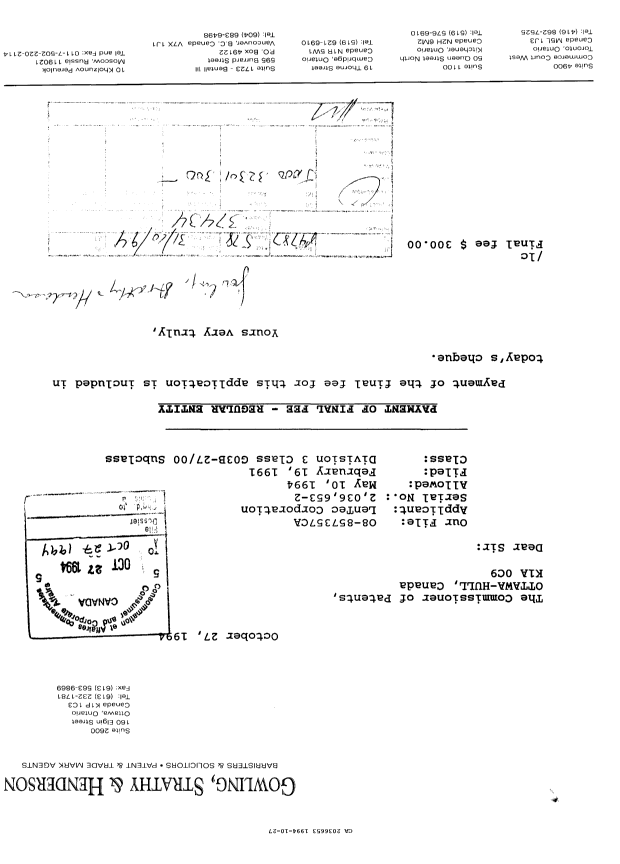 Document de brevet canadien 2036653. Correspondance 19931227. Image 1 de 1