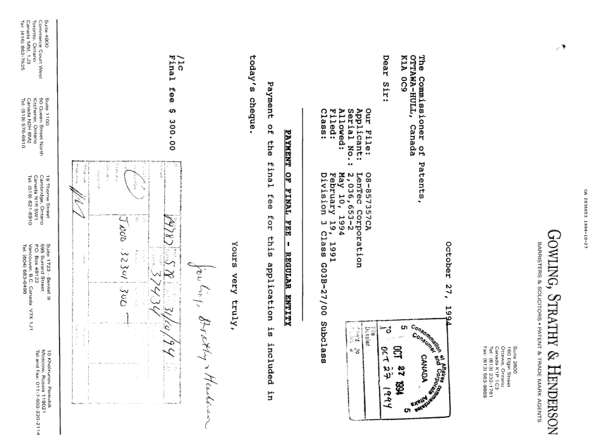 Document de brevet canadien 2036653. Correspondance 19931227. Image 1 de 1