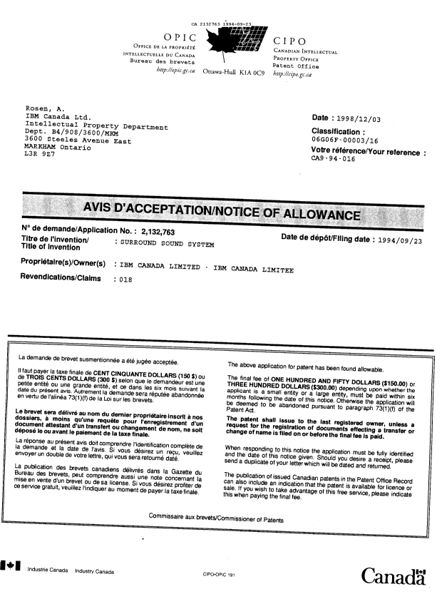 Canadian Patent Document 2132763. Prosecution Correspondence 19940923. Image 1 of 13