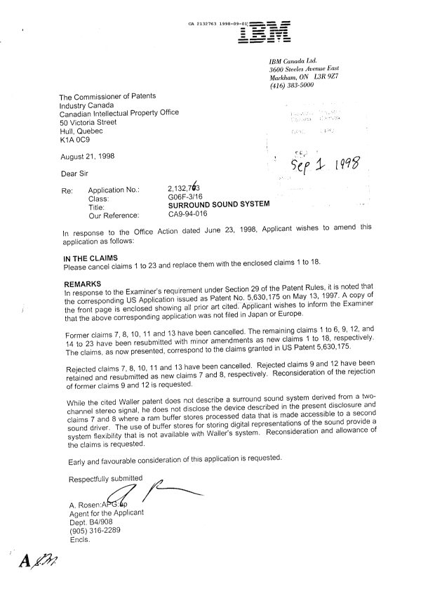 Canadian Patent Document 2132763. Prosecution Correspondence 19980901. Image 1 of 1