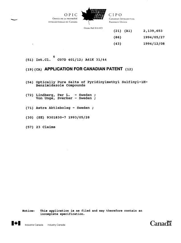 Canadian Patent Document 2139653. Cover Page 19950911. Image 1 of 1