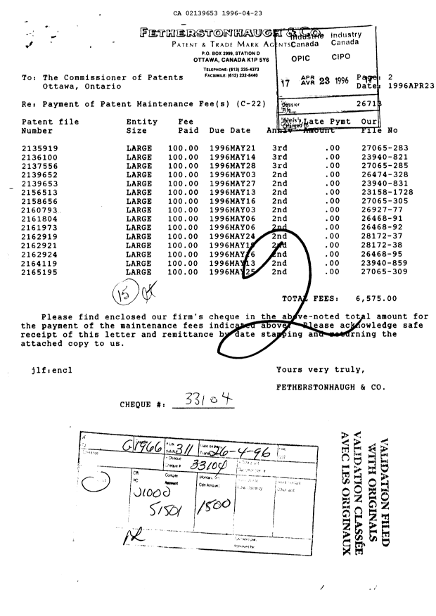 Canadian Patent Document 2139653. Fees 19960423. Image 1 of 1