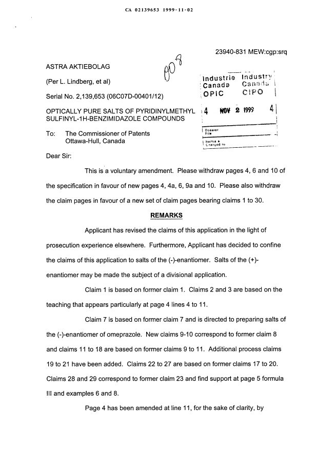 Canadian Patent Document 2139653. Prosecution-Amendment 19991102. Image 1 of 17