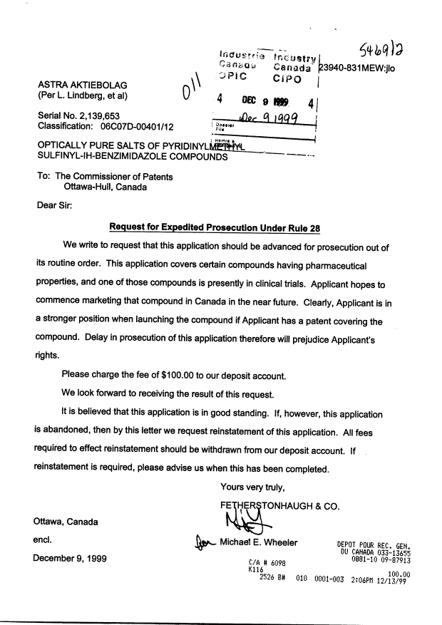 Canadian Patent Document 2139653. Prosecution-Amendment 19991209. Image 1 of 1