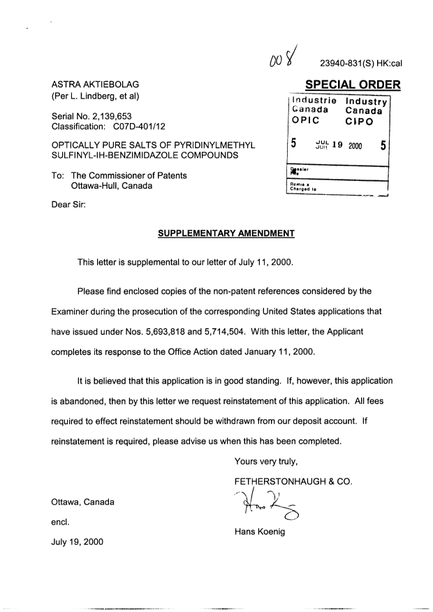 Canadian Patent Document 2139653. Prosecution-Amendment 20000719. Image 1 of 1