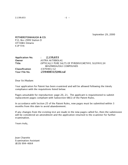 Canadian Patent Document 2139653. Correspondence 20000929. Image 1 of 1
