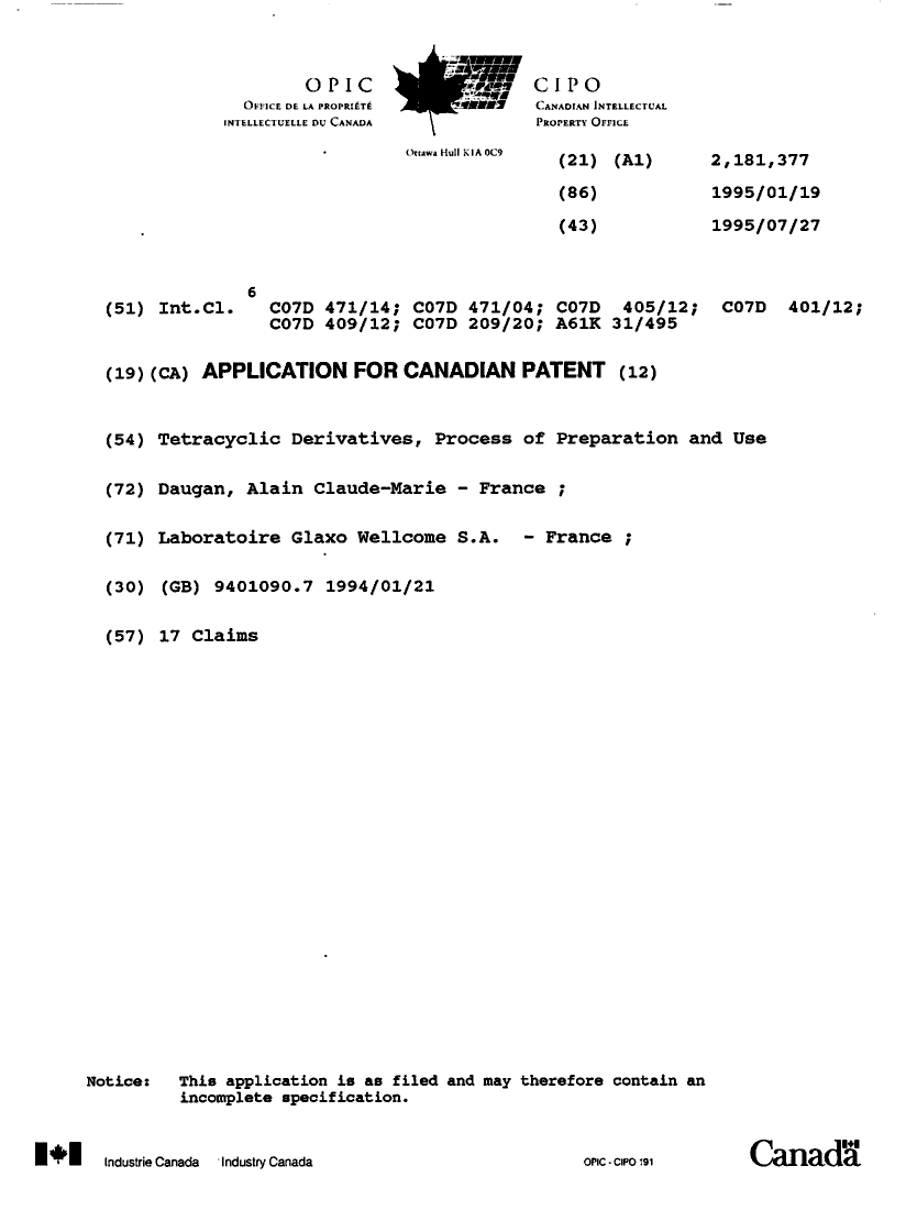 Canadian Patent Document 2181377. Cover Page 19951228. Image 1 of 1