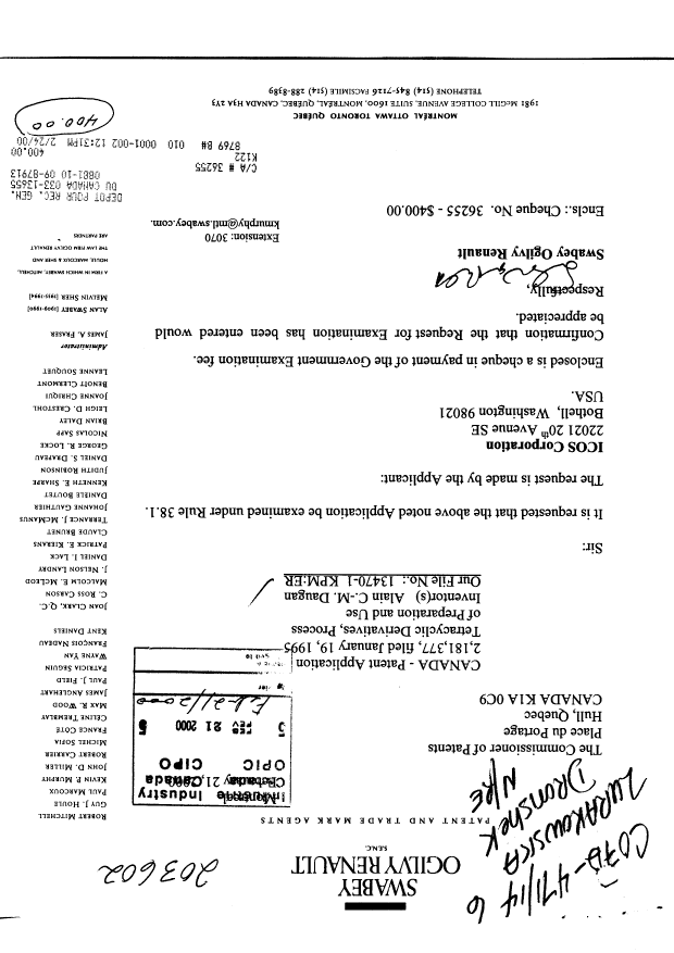 Canadian Patent Document 2181377. Prosecution-Amendment 19991221. Image 1 of 1