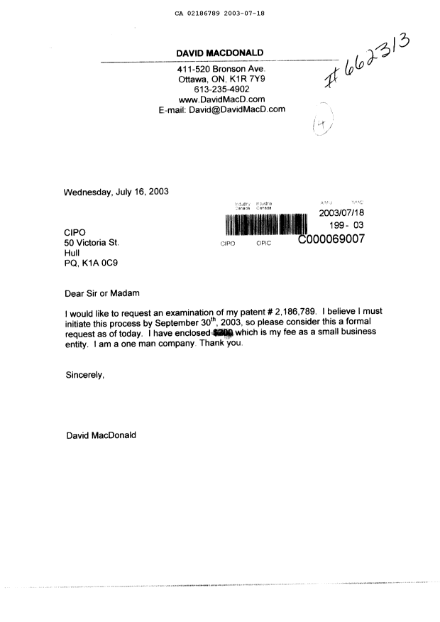 Canadian Patent Document 2186789. Prosecution-Amendment 20030718. Image 1 of 1