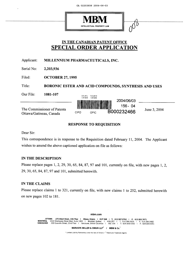 Canadian Patent Document 2203936. Prosecution-Amendment 20040603. Image 1 of 106