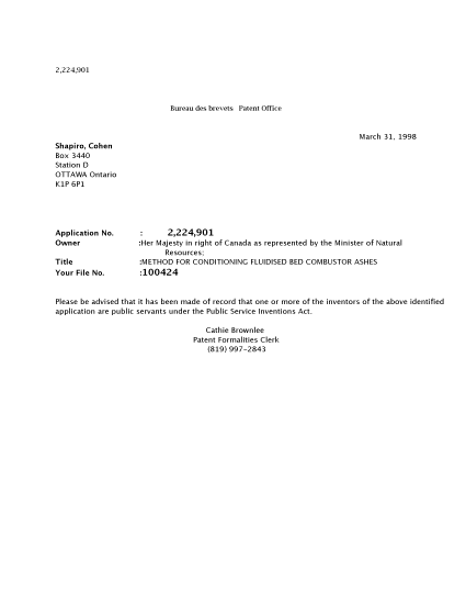 Canadian Patent Document 2224901. Correspondence 19980325. Image 1 of 1