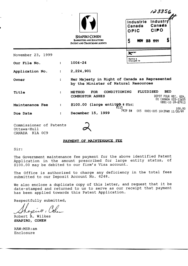 Canadian Patent Document 2224901. Fees 19981223. Image 1 of 1