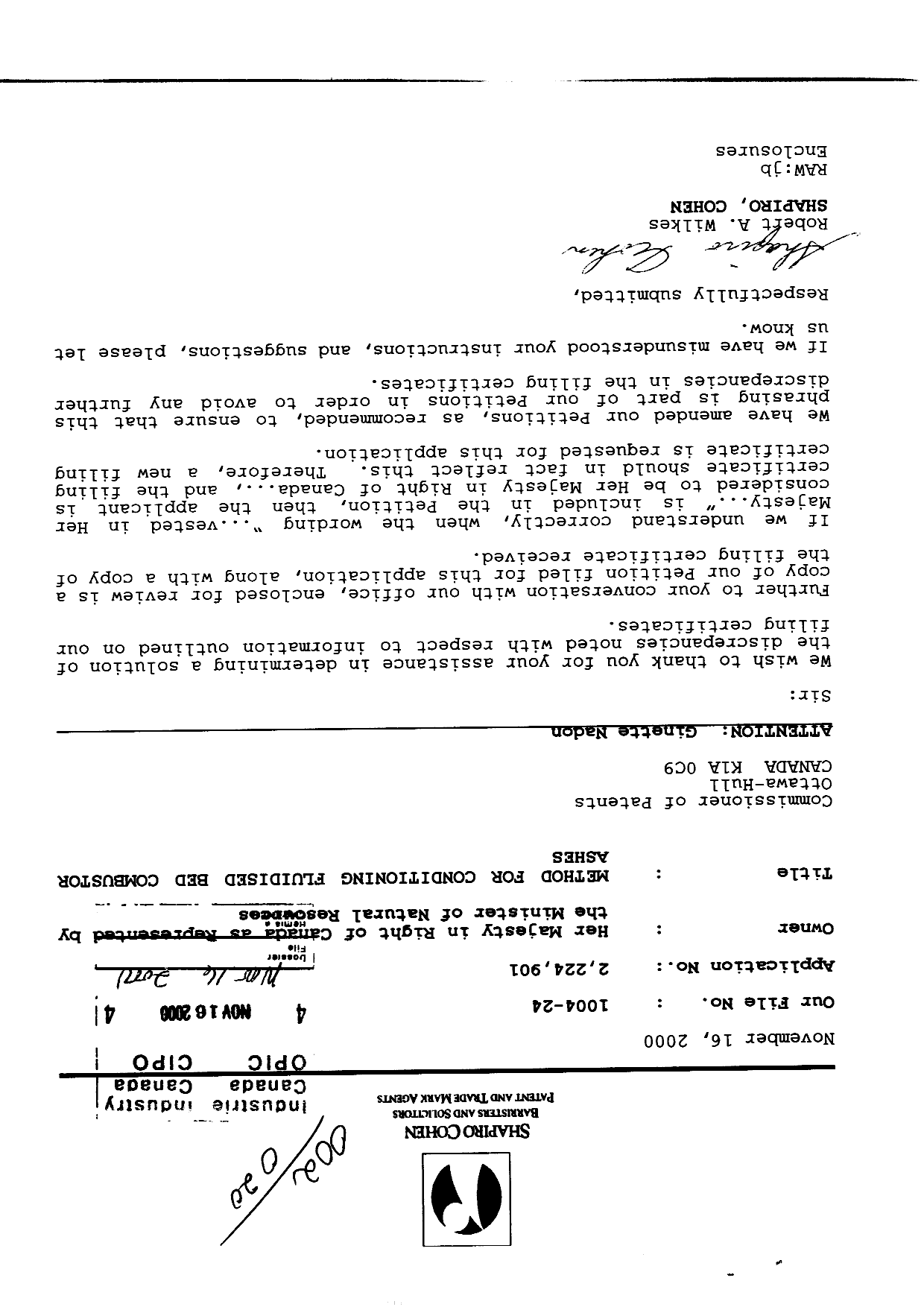 Canadian Patent Document 2224901. Correspondence 19991216. Image 1 of 4