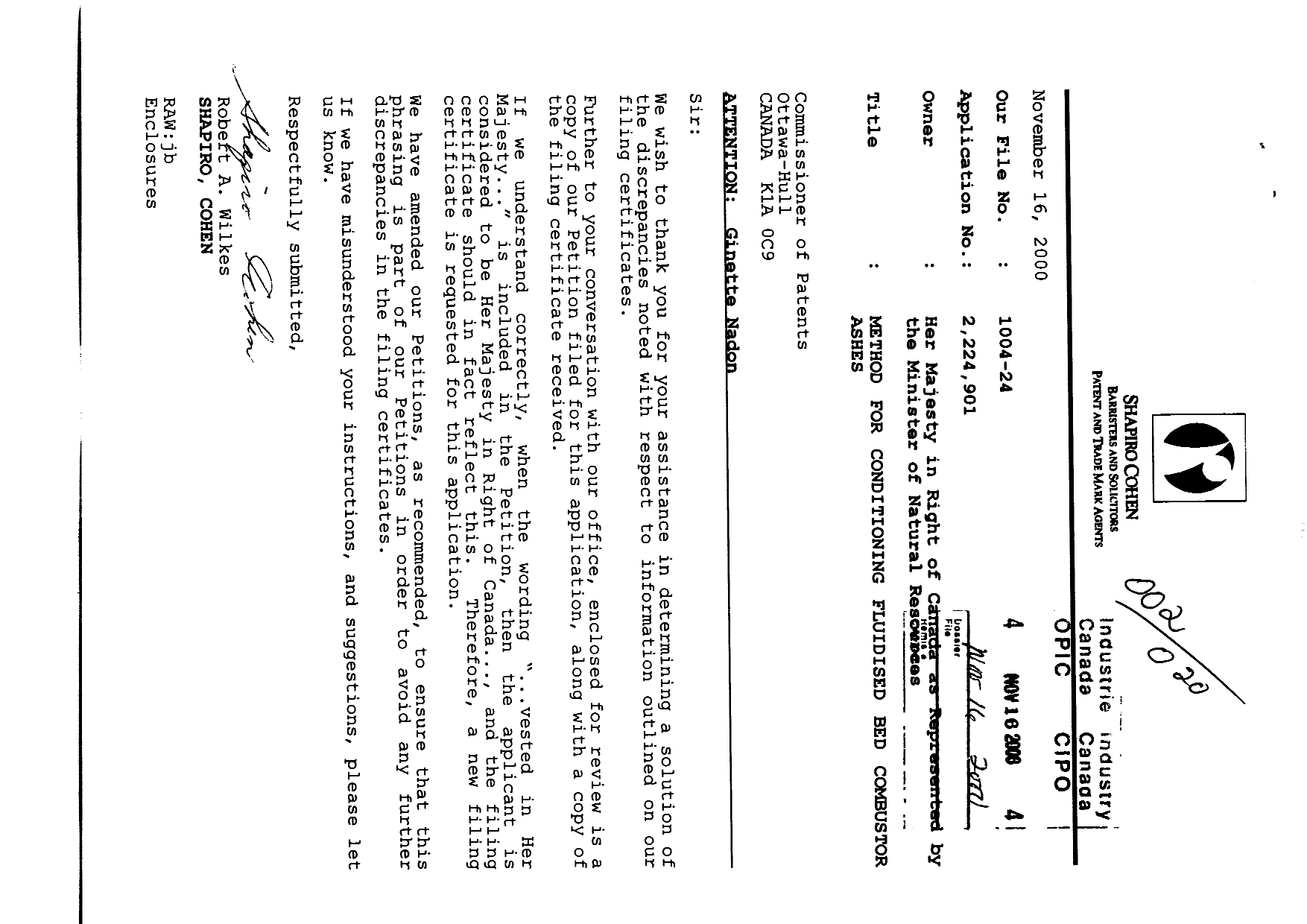 Document de brevet canadien 2224901. Correspondance 19991216. Image 1 de 4
