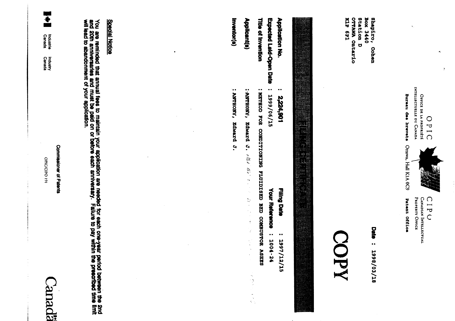 Canadian Patent Document 2224901. Correspondence 19991216. Image 2 of 4