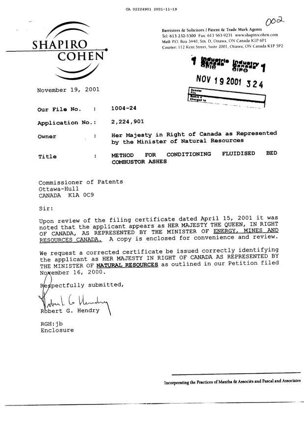 Canadian Patent Document 2224901. Correspondence 20001219. Image 1 of 2
