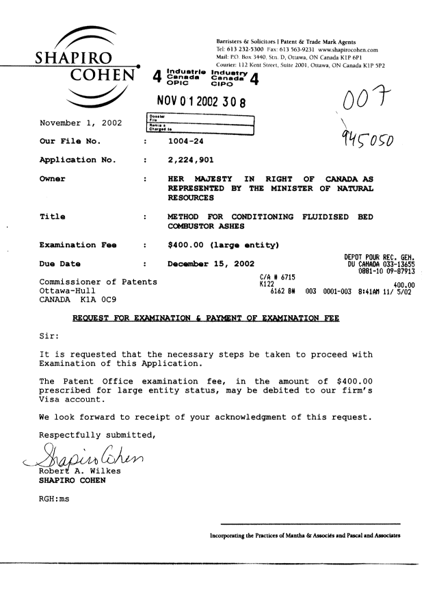 Document de brevet canadien 2224901. Poursuite-Amendment 20021101. Image 1 de 1