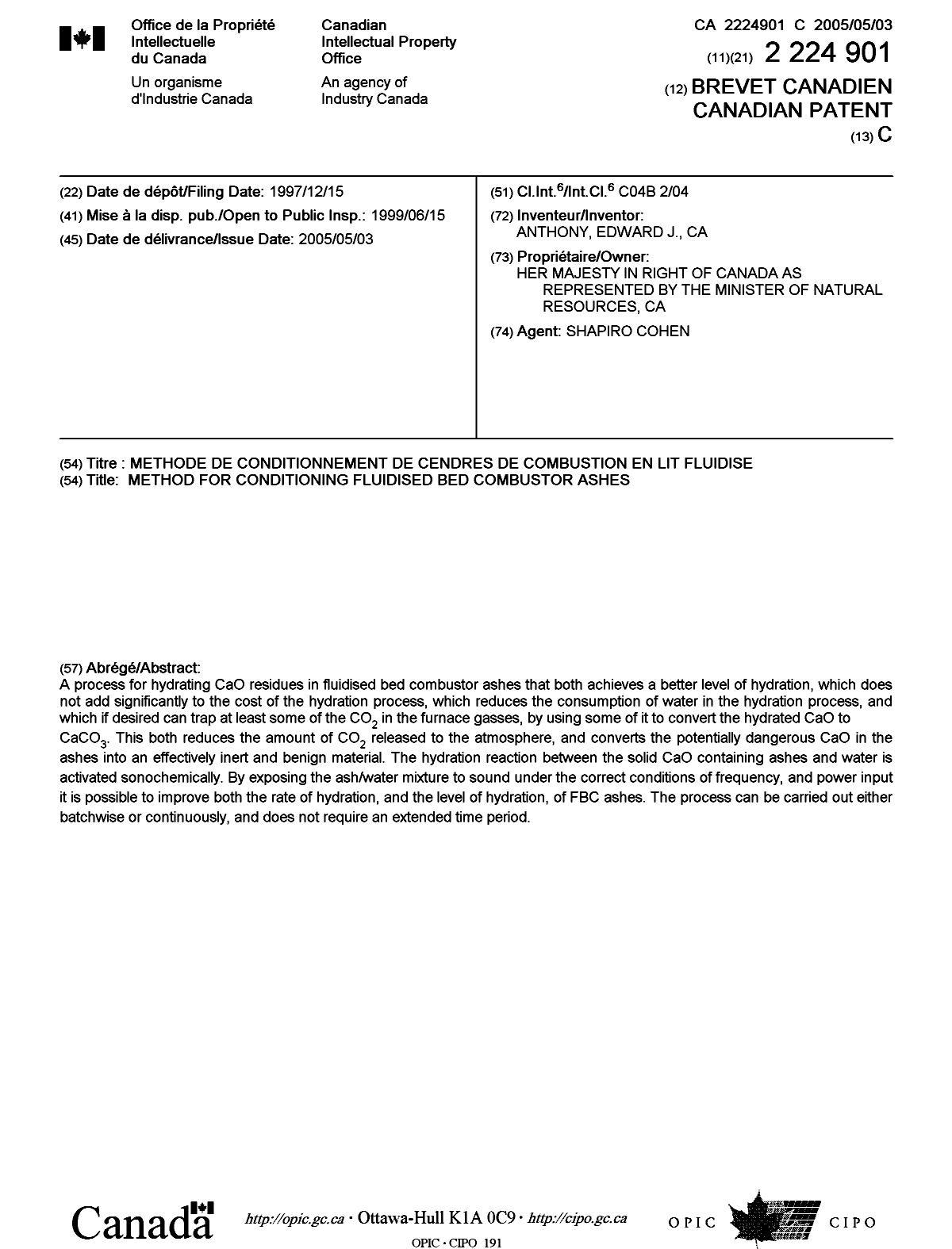 Canadian Patent Document 2224901. Cover Page 20041206. Image 1 of 1