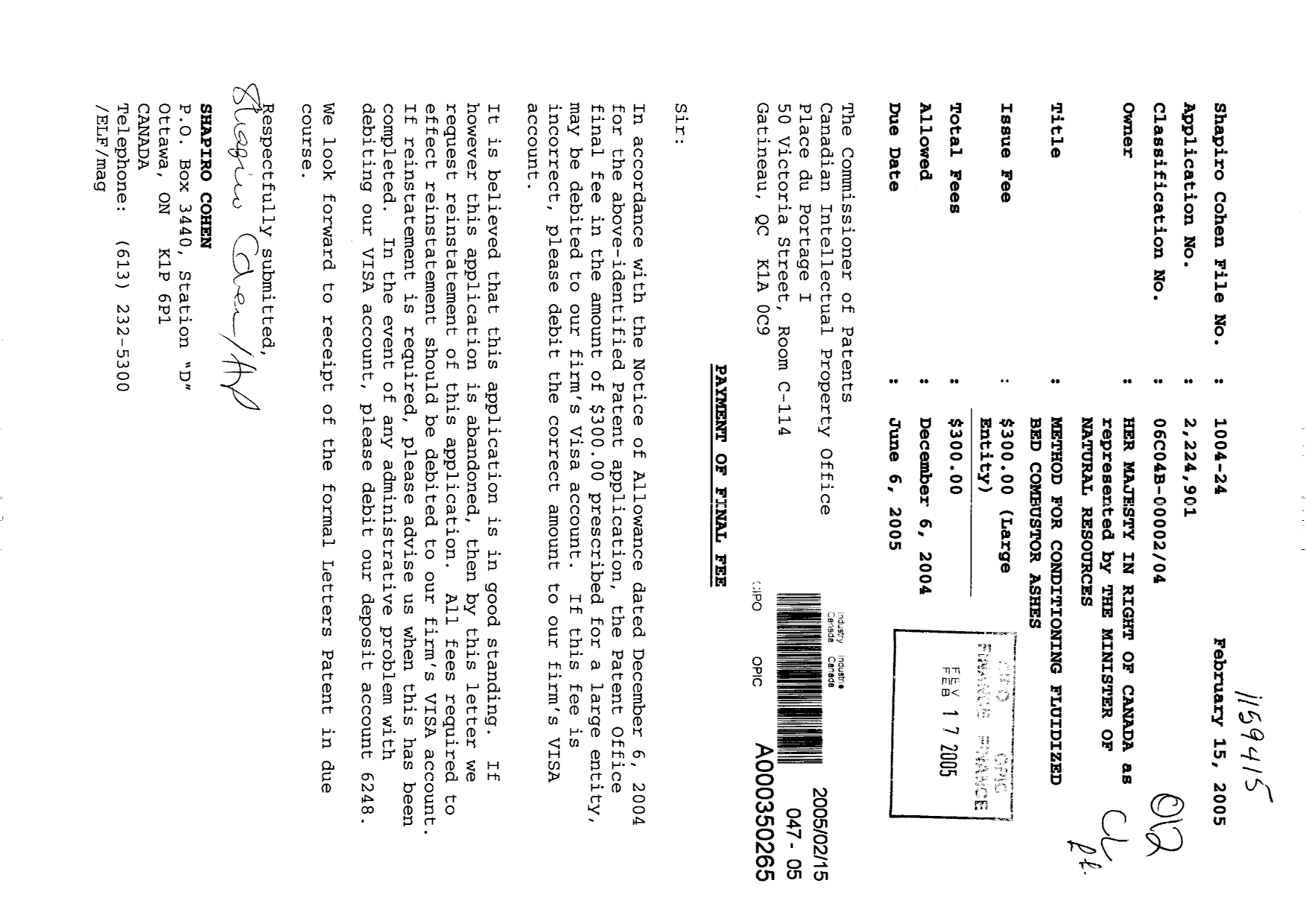 Canadian Patent Document 2224901. Correspondence 20041215. Image 1 of 1