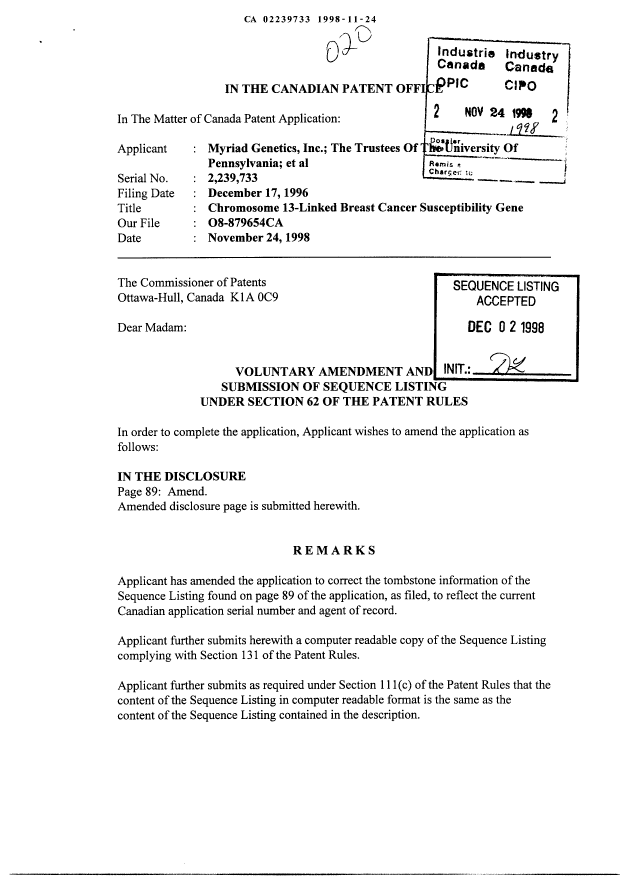 Document de brevet canadien 2239733. Correspondance 19971224. Image 1 de 3