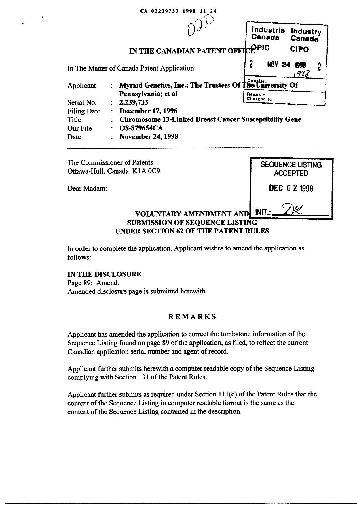 Canadian Patent Document 2239733. Correspondence 19971224. Image 1 of 3