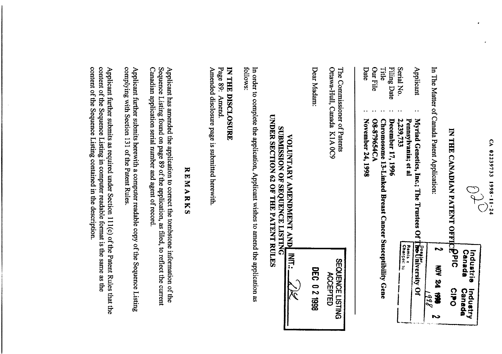 Canadian Patent Document 2239733. Correspondence 19971224. Image 1 of 3