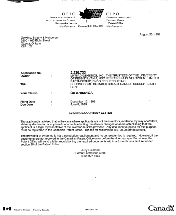 Canadian Patent Document 2239733. Correspondence 19971225. Image 1 of 1