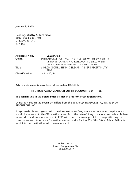 Canadian Patent Document 2239733. Correspondence 19981207. Image 1 of 1