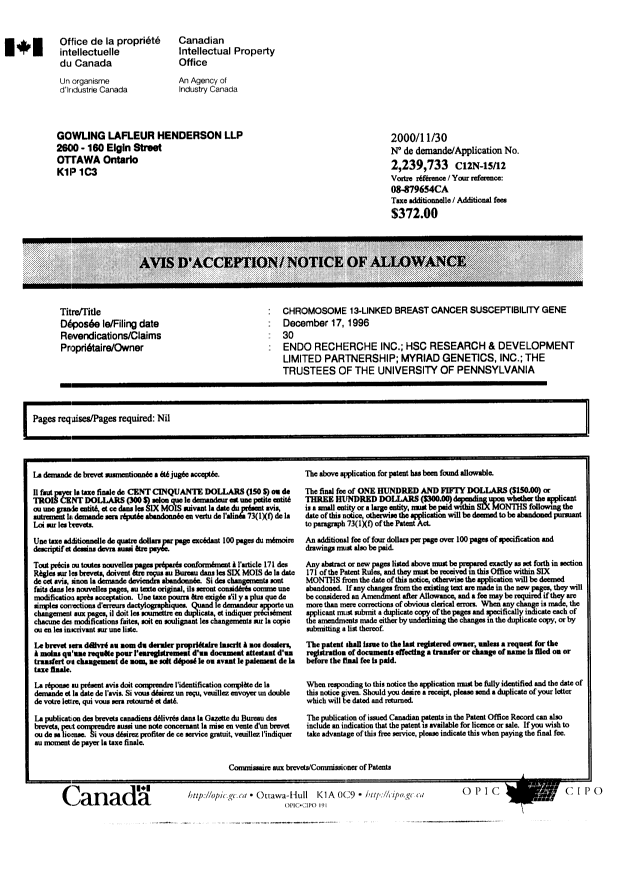 Canadian Patent Document 2239733. Correspondence 19991230. Image 1 of 1