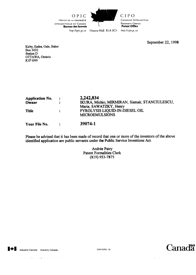 Canadian Patent Document 2242834. Correspondence 19971222. Image 1 of 1